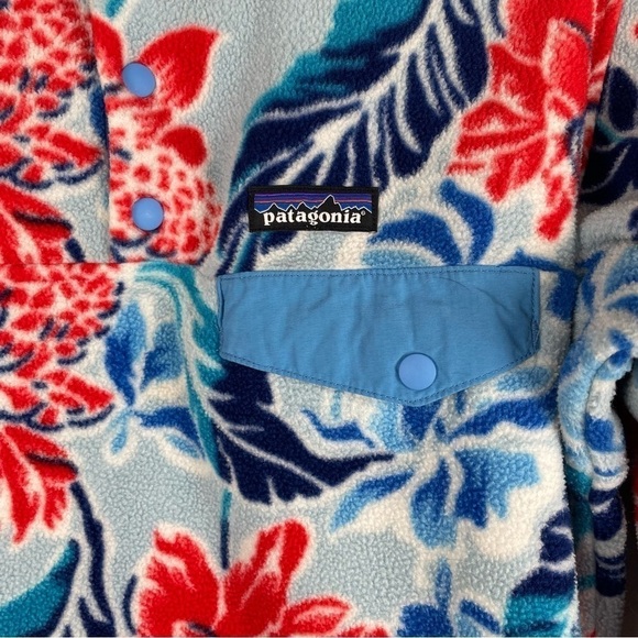 Patagonia Synchilla Blue Red Manoa Hawaiian Floral Snap-T Pullover Size Medium - Picture 3 of 8